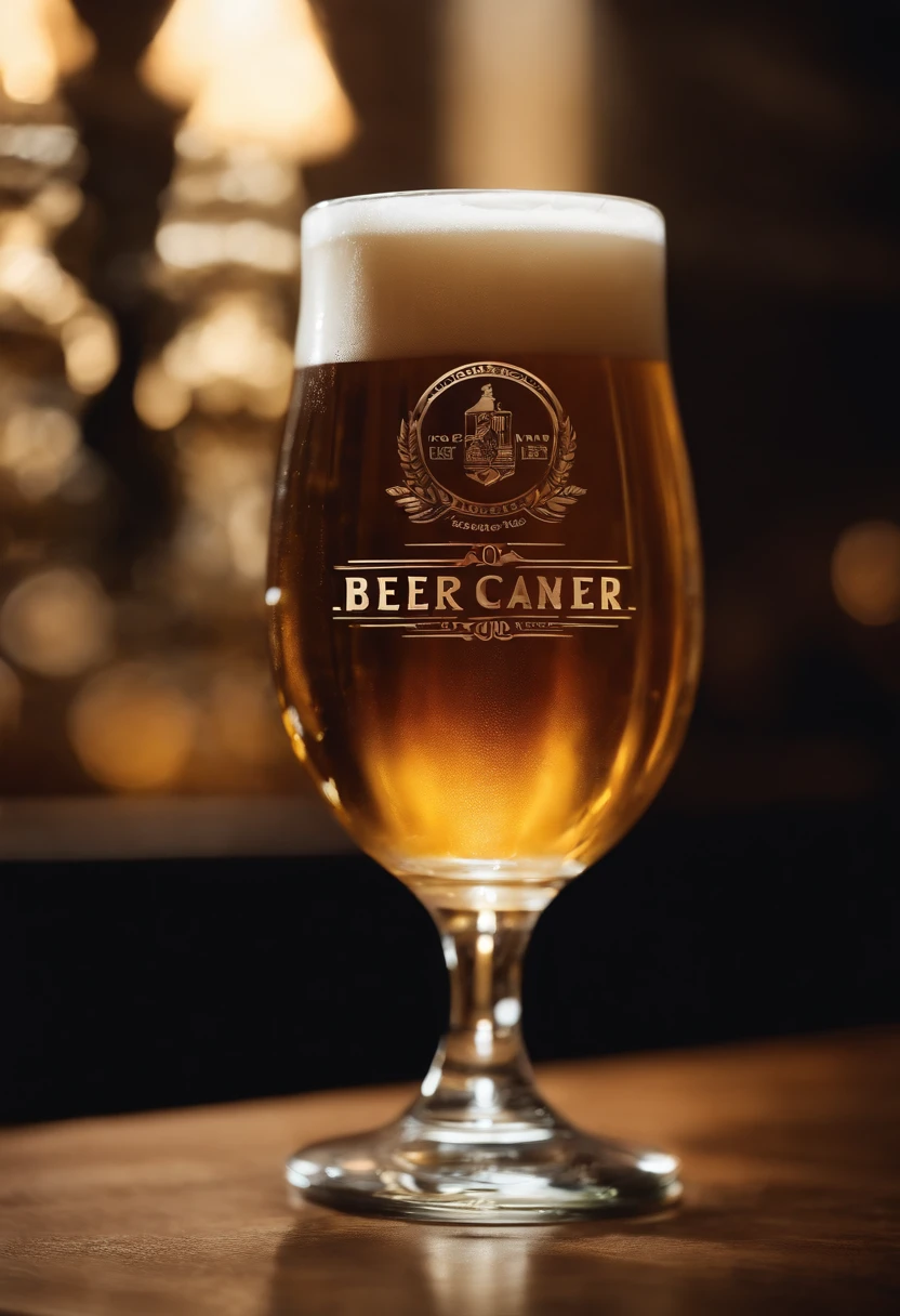 a detail shot of a beer glass with a beautifully designed logo or branding, highlighting the craftsmanship and attention to detail that goes into the beer