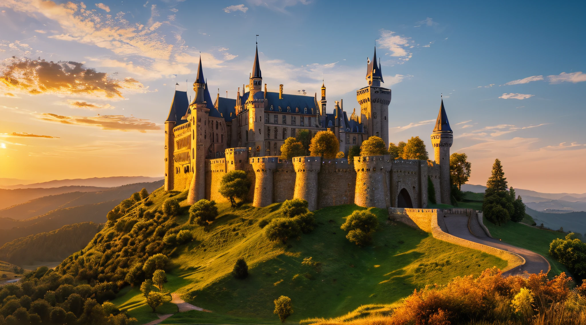 (best quality, 4k, 8k, high resolution, masterpiece: 1.2), ultra-detailed, (realistic, photorealistic, photorealistic: 1.37), professional, vivid colors, cinematic wallpaper, medieval castle on a hill, photography fine art, golden hour lighting, high definition, highly detailed, hdr