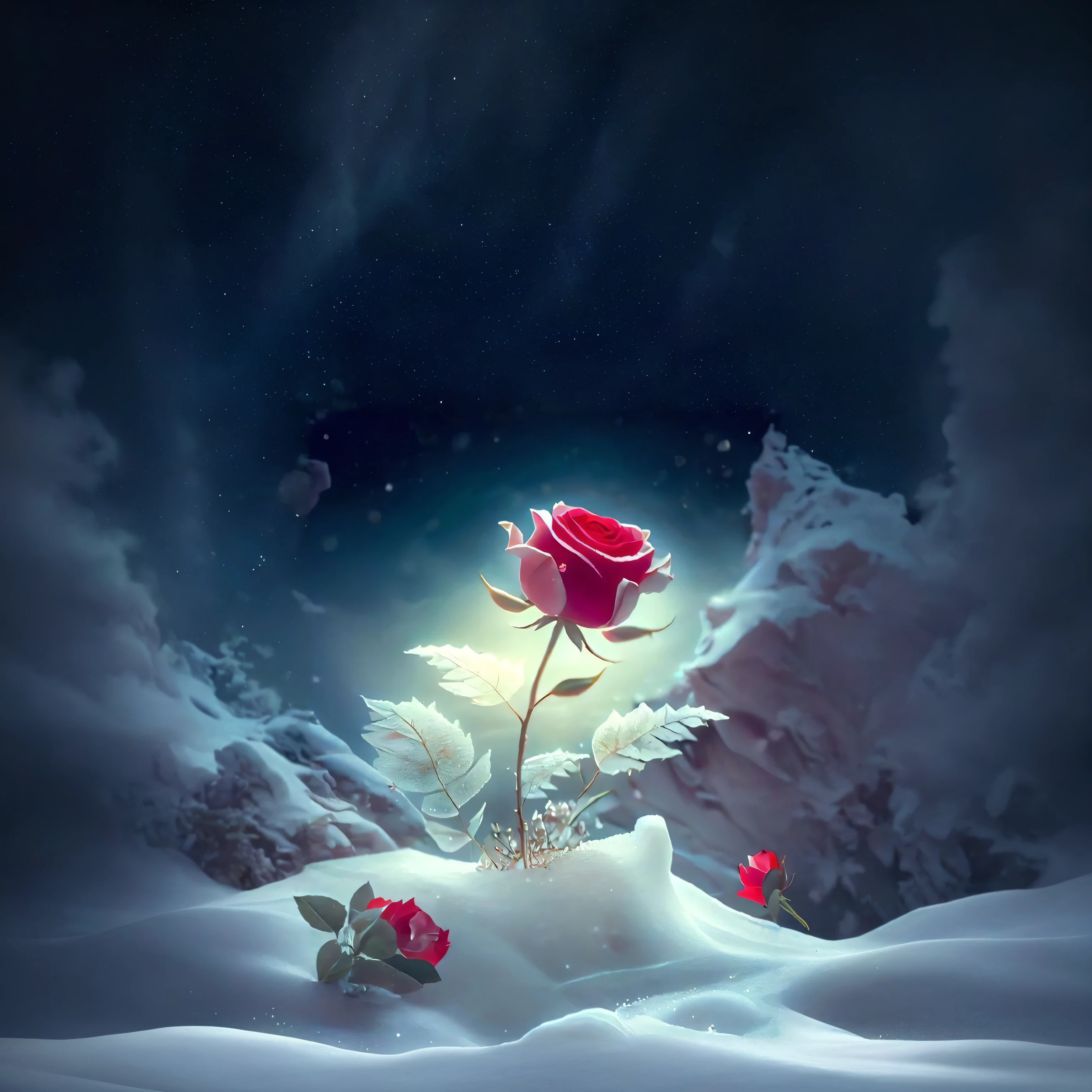 there is a rose that is sitting in the snow, rosses, hermoso fondo de pantalla, con flores congeladas a su alrededor, Hermoso arte digital, foto muy bonita, beautiful composition 3 - d 4 k, hermoso, rosa roja, Hermosa obra de arte digital, rosa, magic flowers, stunningly rapturously gorgeous, Arte digital muy bonito, Hermosa HD, Gemelo de rosas, foto de perfil, beautiful nature, a big sky with white clouds, to the right, snow-capped mountains, and to the left, above the foot of the mountain, a winged angel watching it