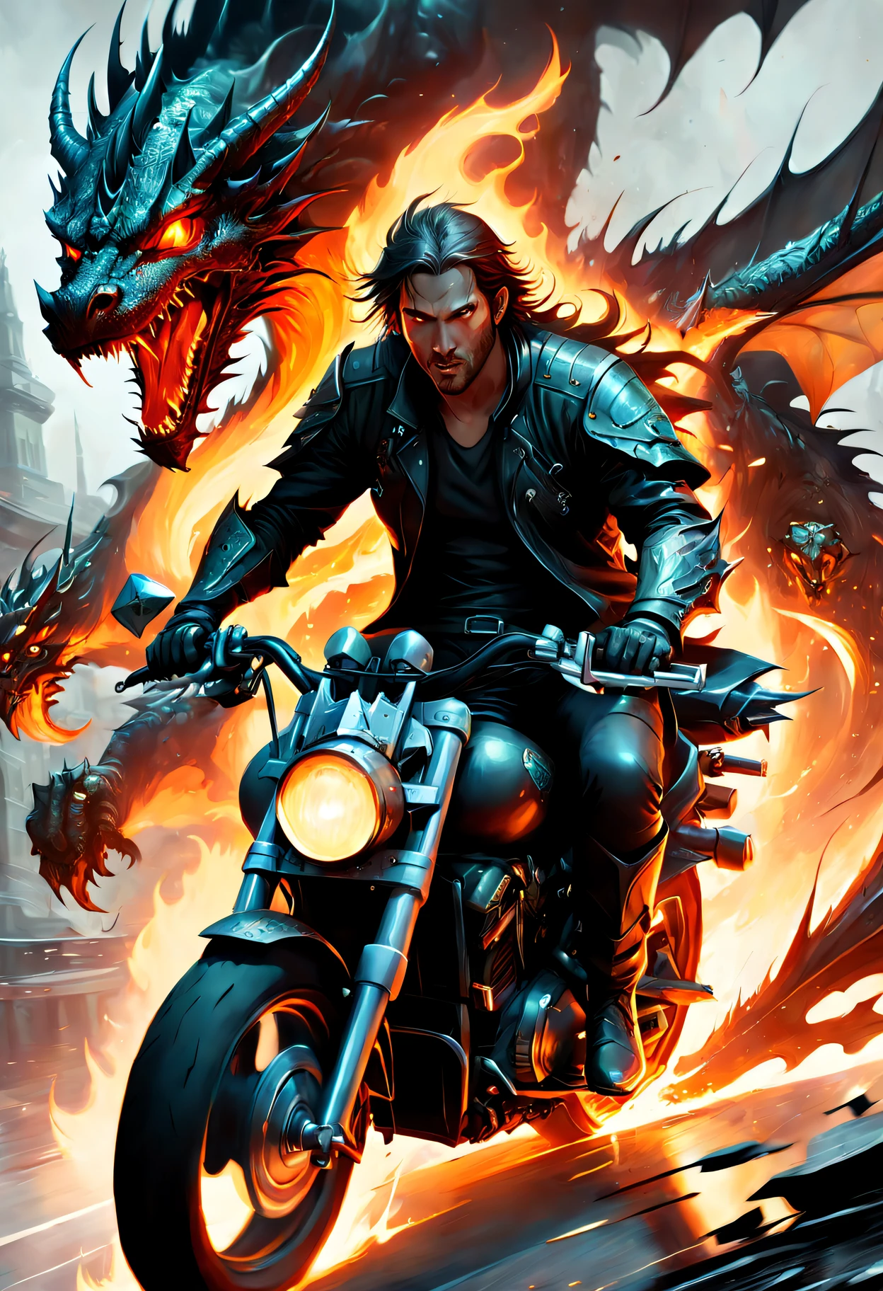 Close-up of a man riding a burning motorcycle, Inspired by Aleksi Briclot, Abaddon and Margaret Villeneuve, epic digital art illustration, epic fantasy digital art style, Epic fantasy art style, shadowrun splatter art, author：Alexi Brillot, author：Hero, Dragon Knight, Artgerm Julie Bell Beeple