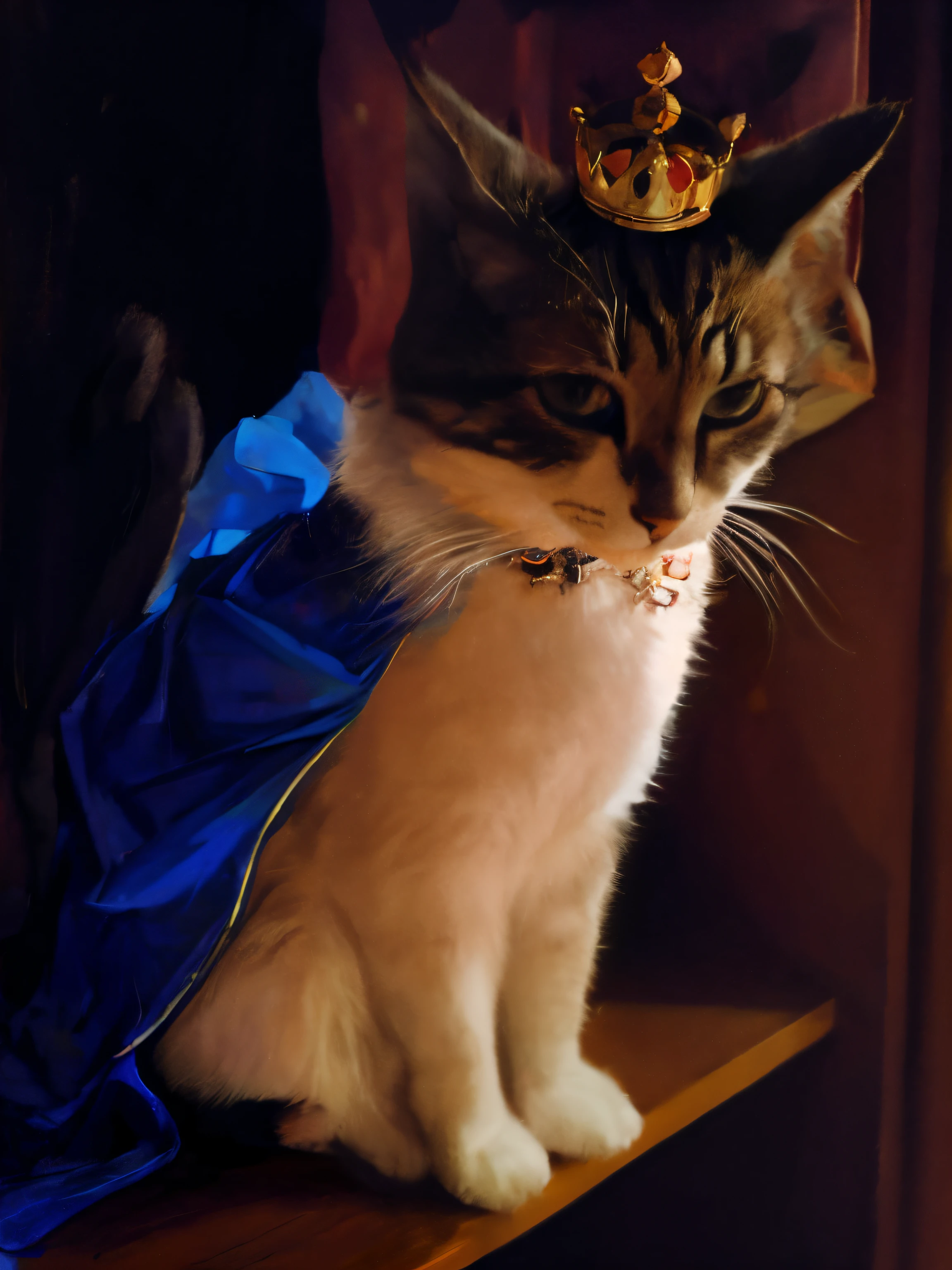 cat wearing beautiful blue royal mantle