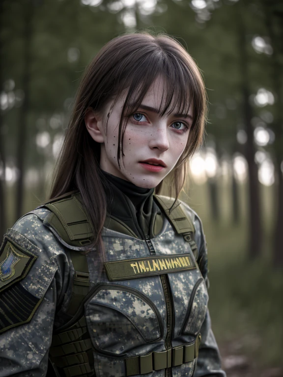 tmasterpiece, Ultra Detailed, 8K, RAW photo, Realistic light, cinematic  composition, realistic face, Realistic skin, (woman from Ukraine), (Torn and dirty military tactical camouflage), body armor, Cute sexy, perfect anatomy, war, Cinematic lighting, A ruined village, nightfall