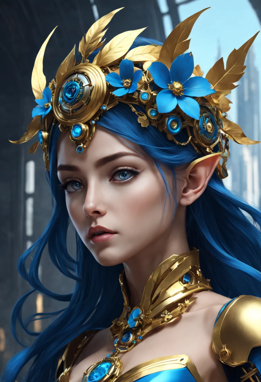 Future ethereal metal mechanical flower,futuristic metal flower,Mechanical Department,Golden petals,gold leaves,blue colors,futuristic twist production,The process is complicated,glyphic,futuristic industrial background,Future cyberpunk ethereal girl,Future mechanical ethereal girl headwear,Arafad woman with gold and blue alloy flowers, Complex WLOPs, 3d rendered figure art 8k, beautiful fantasy art portrait, beautiful fantasy portrait, fantasy art portrait, fantasy concept art portrait, Side portrait of elven royalty, hyper-detailed fantasy character, gorgeous digital art, fantasy art behance, Beautiful digital artwork, 4k highly detailed digital art