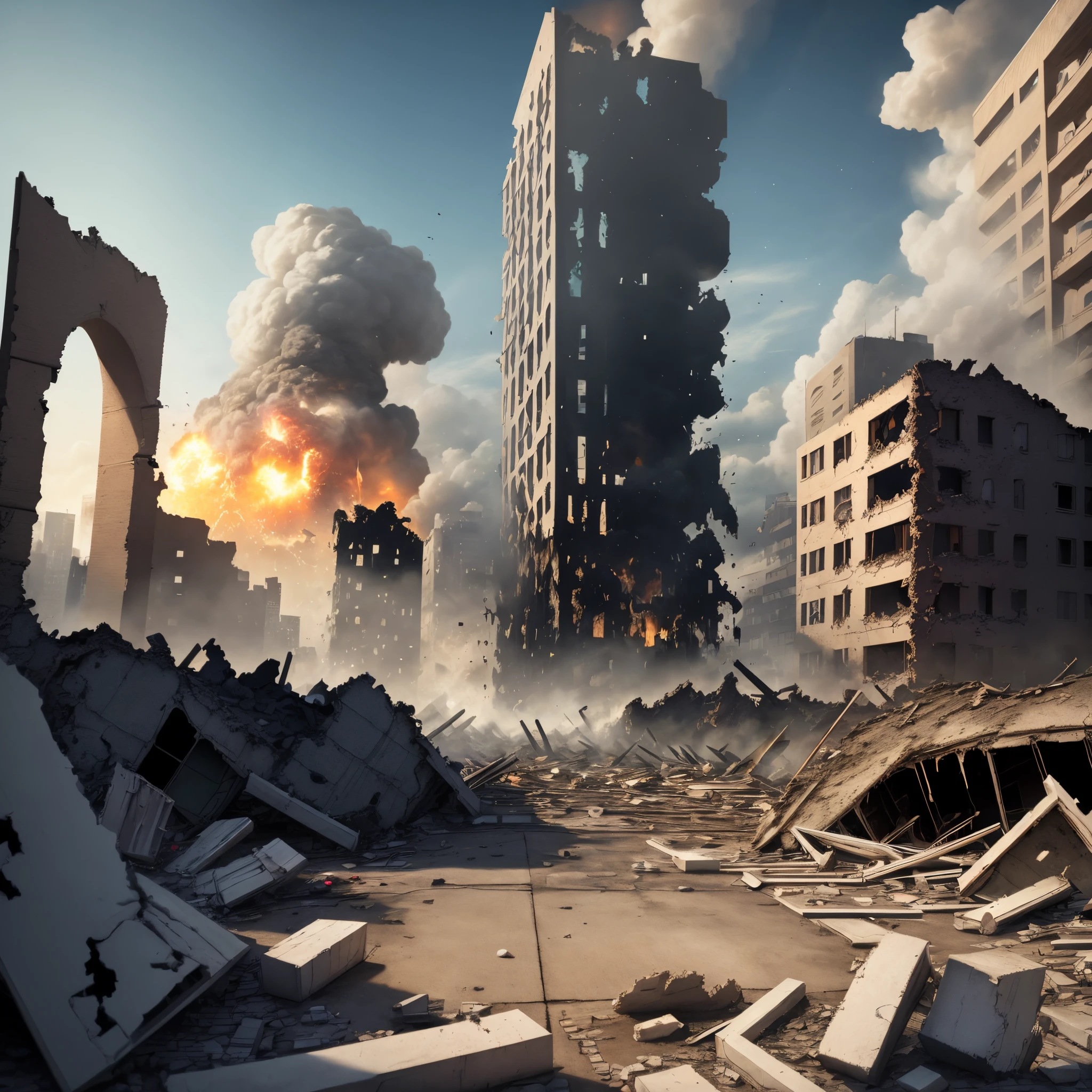 City in ruins after an explosion