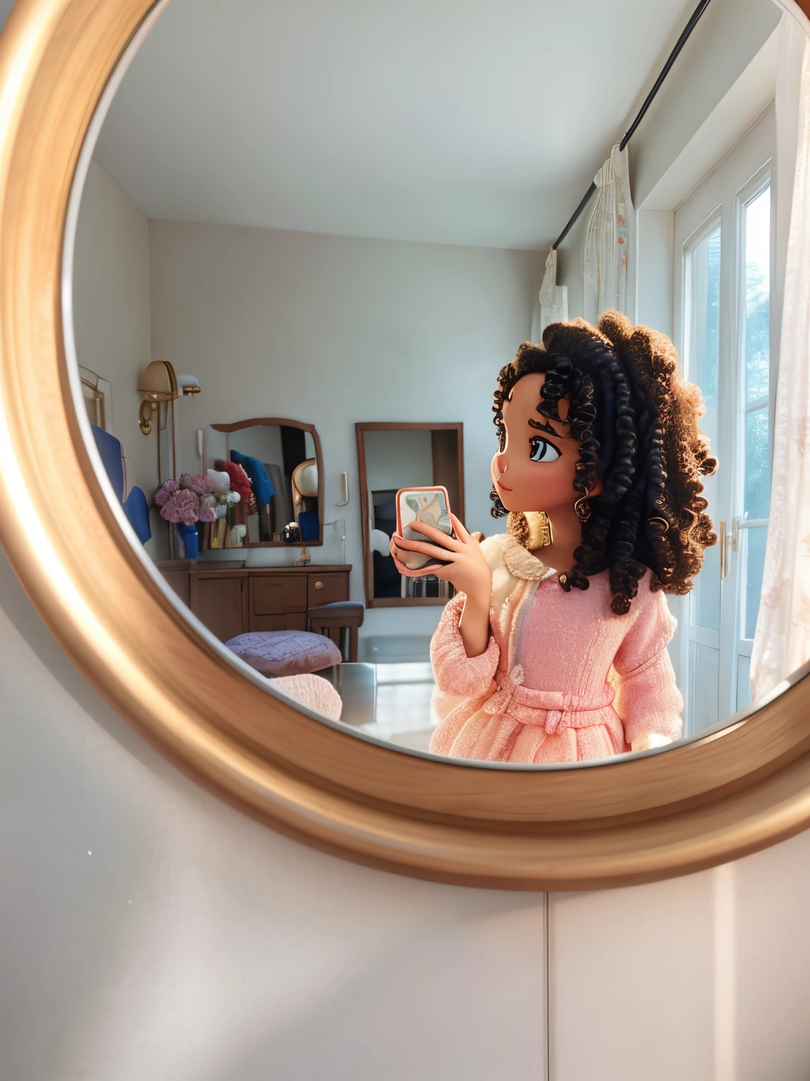 Mirror picture, curly hair girl