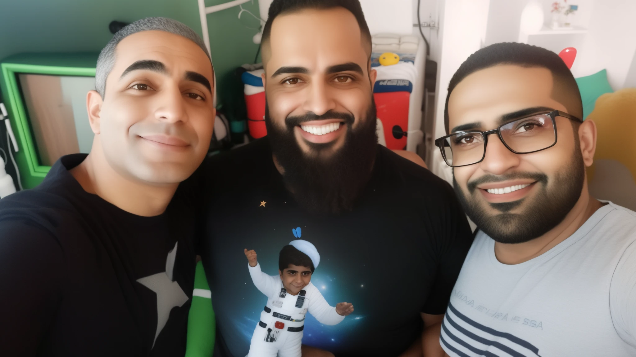 Three men pose for a photo in a bedroom, in space station, In Sao Paulo, in space, MC Escher e Ronny Khalil, edu souza, com barba leonidas, Directed by: Nandor Soldier, Alarcon Cartunista, Postagem no Reddit, imagem de qualidade muito baixa, on a spacestation, com octanagem, andrea rocha