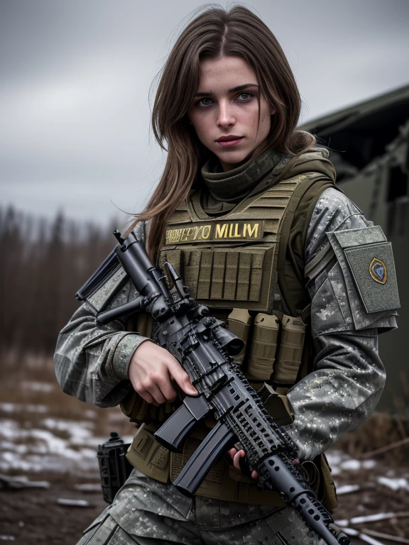 tmasterpiece, Ultra Detailed, 8K, RAW photo, Realistic light, cinematic  composition, realistic face, Realistic skin, (woman from Ukraine), (Torn and dirty military tactical camouflage), body armor, Cute sexy, perfect anatomy, war, Cinematic lighting, A ruined village, nightfall,holding  her  hands a M4 gun