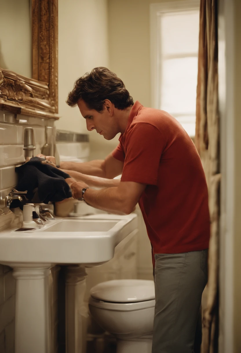A candid shot of Greg attempting to fix a leaky faucet in the bathroom,Meet the Parents film series,Greg Focker, the fictional character portrayed by Ben Stiller in the “Meet the Parents” film series, presents as an everyman with a relatable and approachable demeanor. He has an average build and height, with a generally unassuming appearance, often dressed casually in a way that underscores his down-to-earth and slightly awkward personality. His expressive facial features often convey his frequent discomfort and the comedic anxiety he experiences in various situations throughout the series.