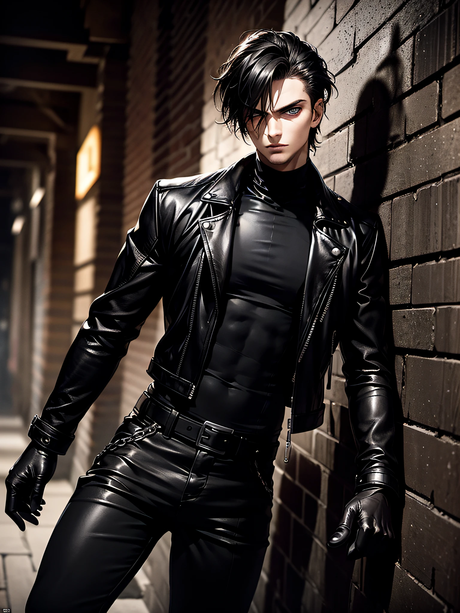 (1 male, man, a man 20-30 years old, handsome, attractive, sexy, a fierce look, piercing gaze, cold eyes, black hair), gothic rock style, (dressed in a black leather jacket with rolled up sleeves, black turtleneck, black leather pants, heavy boots, black leather gloves on both hands, the face is covered with a black mask), leaning against the wall