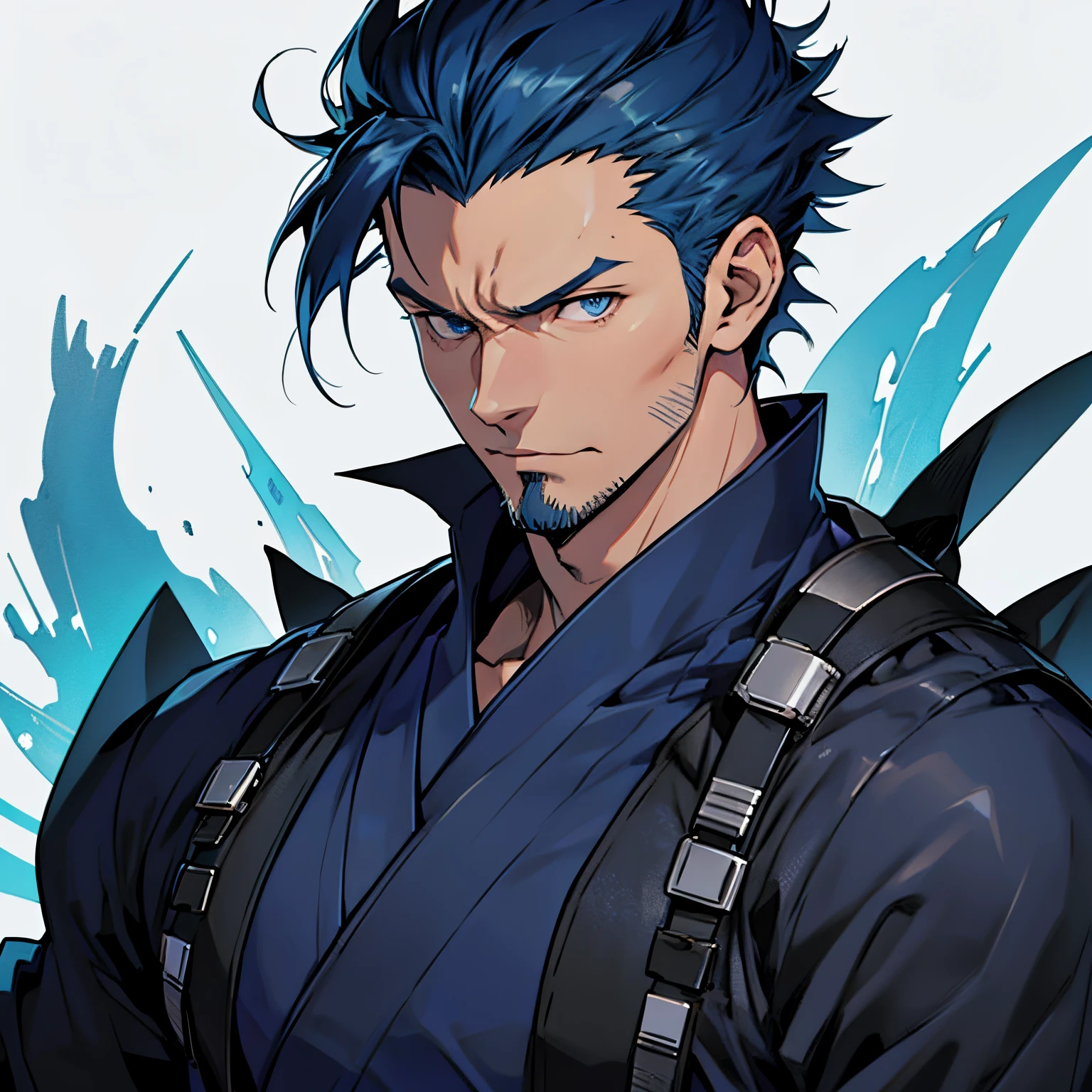 anime image of an adult man with dark blue hair and blue eyes, short spiky hair, visibly exhausted, stubble, 1man, solo man, male anime character, head shot, close up shot, simple background, ninja clothing, japanese clothing, dark clothing