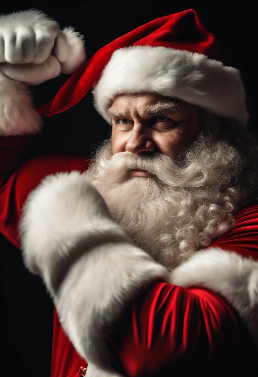 a close-up shot of a muscular Santa Claus flexing his biceps, showcasing his strength and power combined with the festive spirit