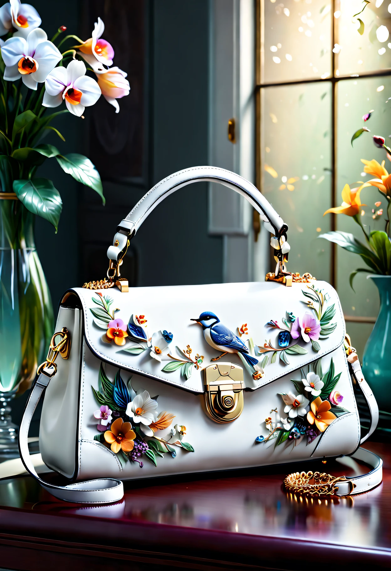 (a white handbag:1.5)，There are birds and flowers on it, extremelycomplicateddetails, Complex and elegant. The content is very detailed, Inspired by PwC, extremelycomplicateddetails, Stunning and detailed, Complex and elegant, exquisite detailing, beautiful decorative details, very beautiful and elegant. (Best quality, 4K, 8K, A high resolution, tmasterpiece:1.2), ultra - detailed, (actual, realistically, realisticlying:1.37), HighDynamicRange, hyper HD, Studio lighting, Ultra-fine painting, Focus sharp, physically-based renderingt, professional, vibrant with colors, bokeh, With a hint of horror,styled, Science fiction concept, photography aesthetics, Elegant colors and pastel tones, Natural light illuminates beauty.