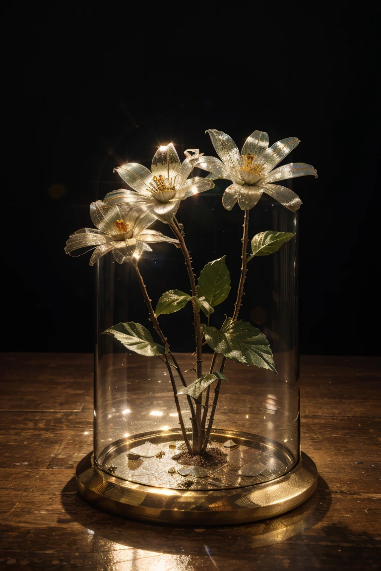 Best quality, ultra HD, high detail, colorful metallic flowers in a high transparent glass cover, true metallic texture, metallic luster, cinematic lighting, dim background