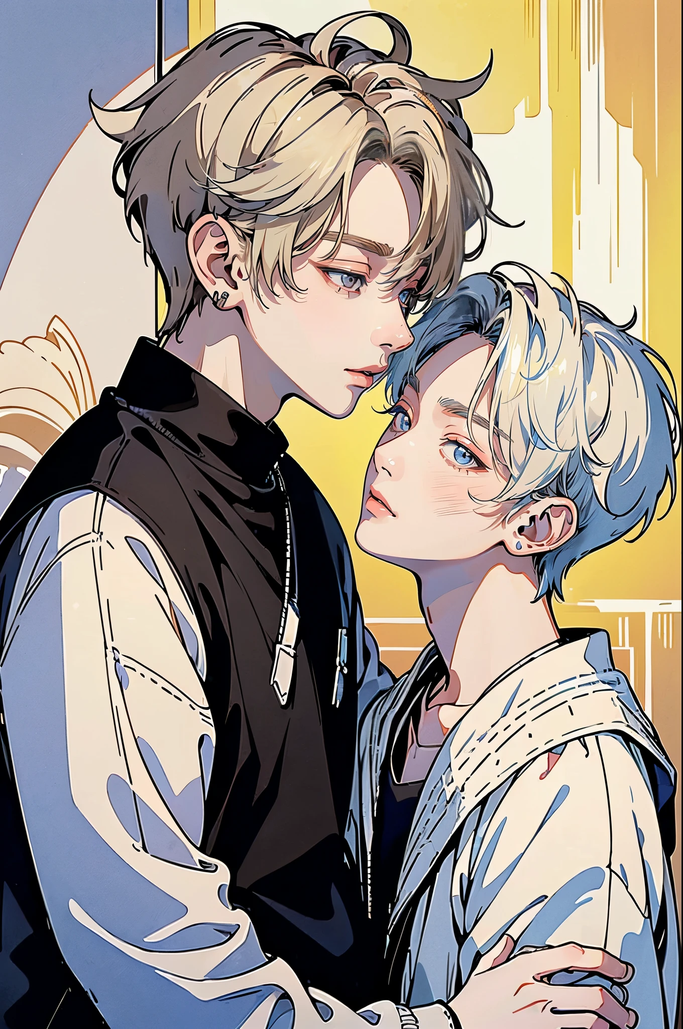 ((4K works))、masterpiece、(top-quality)、((high-level image quality))、((two manly boys))、Slim body、((Attractive and sexy jeans fashion))、((Men's Fashion))、(Detailed beautiful eyes)、In a soundproof room、Face similar to Chaewon in Ruseraphim、((short hair above the ears))、((Smaller face))、((Neutral face))、((White hair))、((Brown eyes))、((Korean boy))、((18year old))、((Handsome man))、((Korean Makeup))、((elongated and sharp eyes))、((Like a celebrity))、Everyday photography、((Shot diagonally from the side))、((Upper body photography))、((Yaoi))、((BL))、((Man to man))、((Man couple))、((the kiss))、((Shot by two))