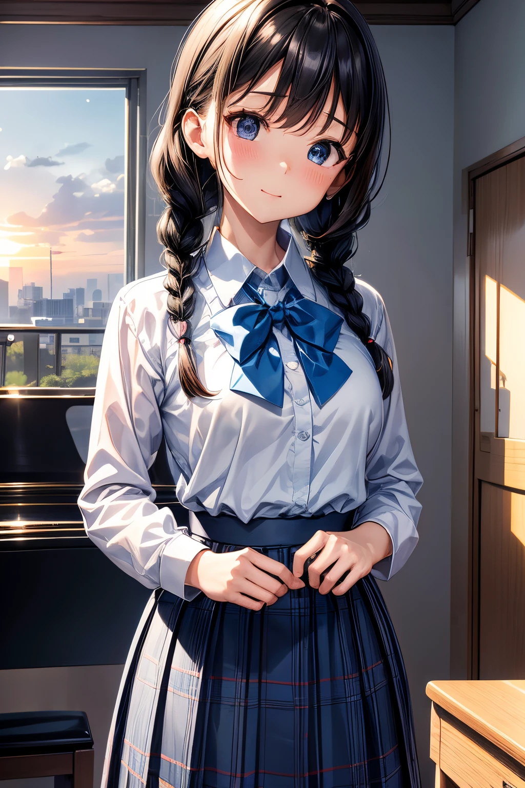 (8K, Best Quality, masutepiece:1.2)、超A high resolution、1 -yeld fee、Detailed fingers、head tilt、detailed face、deep detailed eyes、happy、long sleeve school uniform、navy skirt in plaid skirt、Black hair、twin braids、独奏、Detailed fingers、Standing in the school music room with a grand piano、Sunset