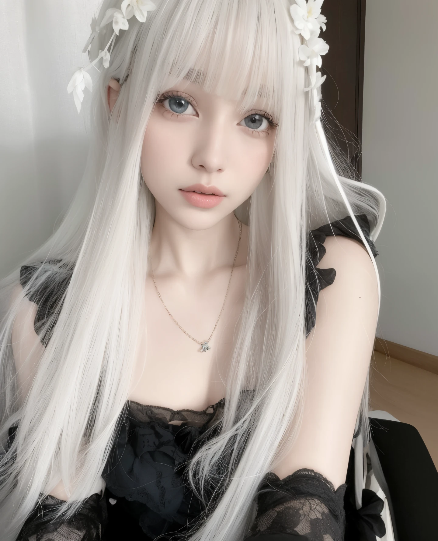 um close de uma mulher com longos cabelos brancos usando um vestido preto, branco hime corte penteado, longos cabelos brancos e franja, com cabelos longos brancos, com longos cabelos brancos, menina perfeita de cabelos brancos, cabelo branco bonito, menina com cabelo branco, franja branca, cabelos lisos longos e brancos, her hair is white, Menina anime na vida real, cabelos lisos brancos