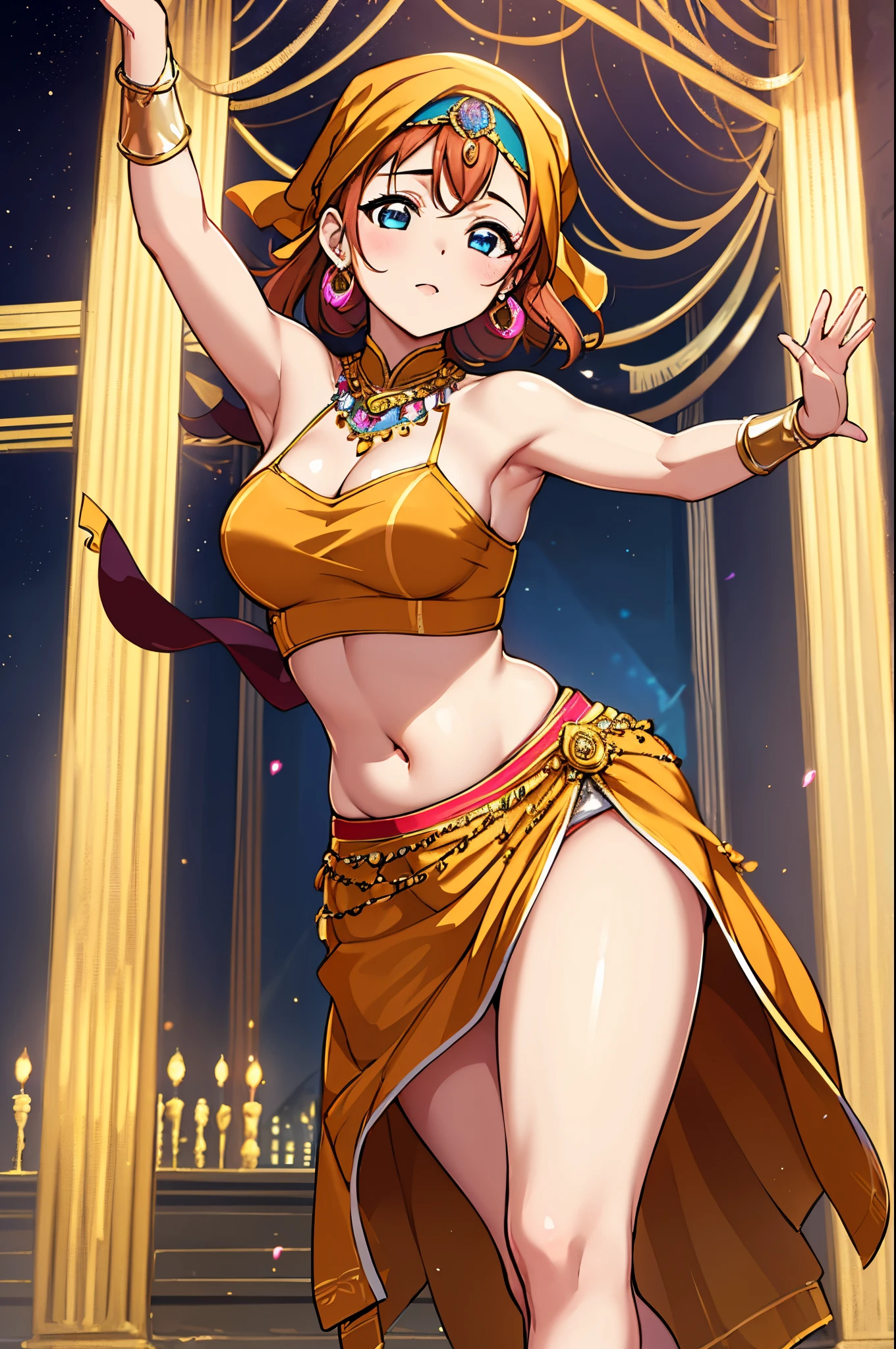 Will as a commoner, short bob "bright red" hair, brown eyes, slim body, slightly medium size-breast, slightly pointed ears dressed as a belly dancer, personality joy, standing in a room, solo, detailed hands, high delicate defined details, sharp focus, looking at viewer,