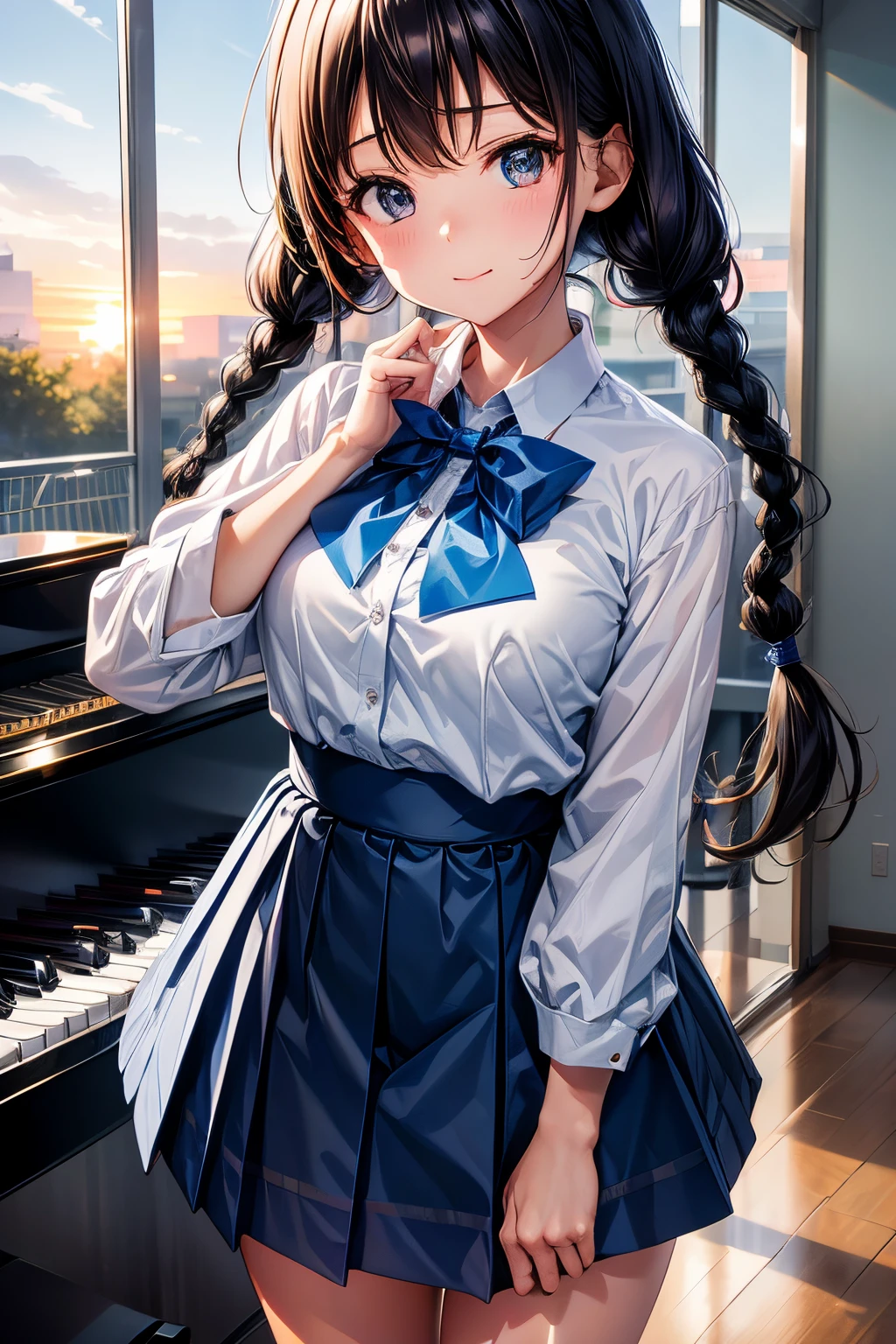 (8K, Best Quality, masutepiece:1.2)、超A high resolution、1 16-year-old female、head tilt、detailed face、deep detailed eyes、happy、long sleeve school uniform、navy skirt in plaid skirt、Black hair、twin braids、独奏、Detailed fingers、Standing in the school music room with a grand piano、Sunset