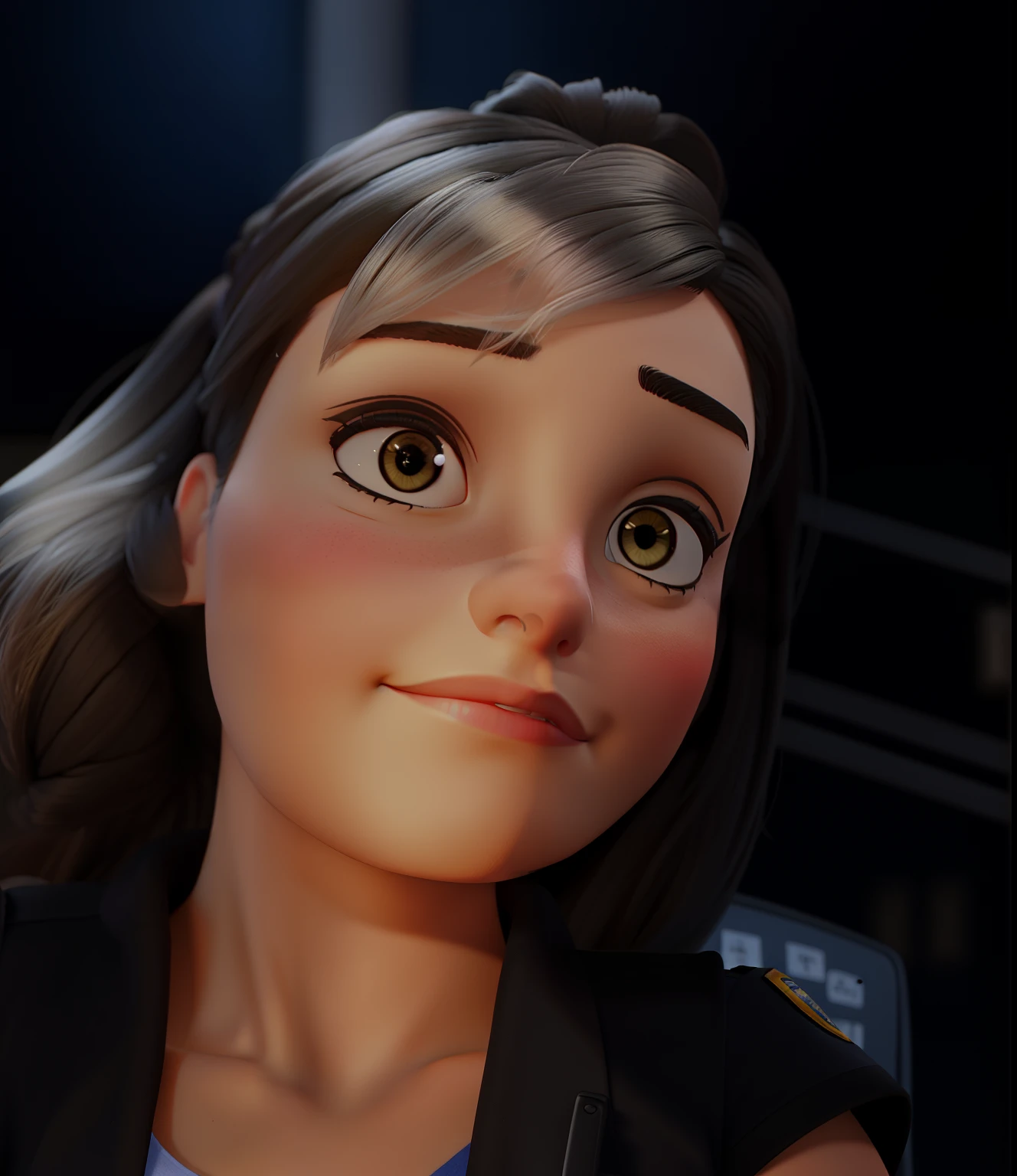 An intelligent police woman with PRF uniform arms and crossed hair tied pulp