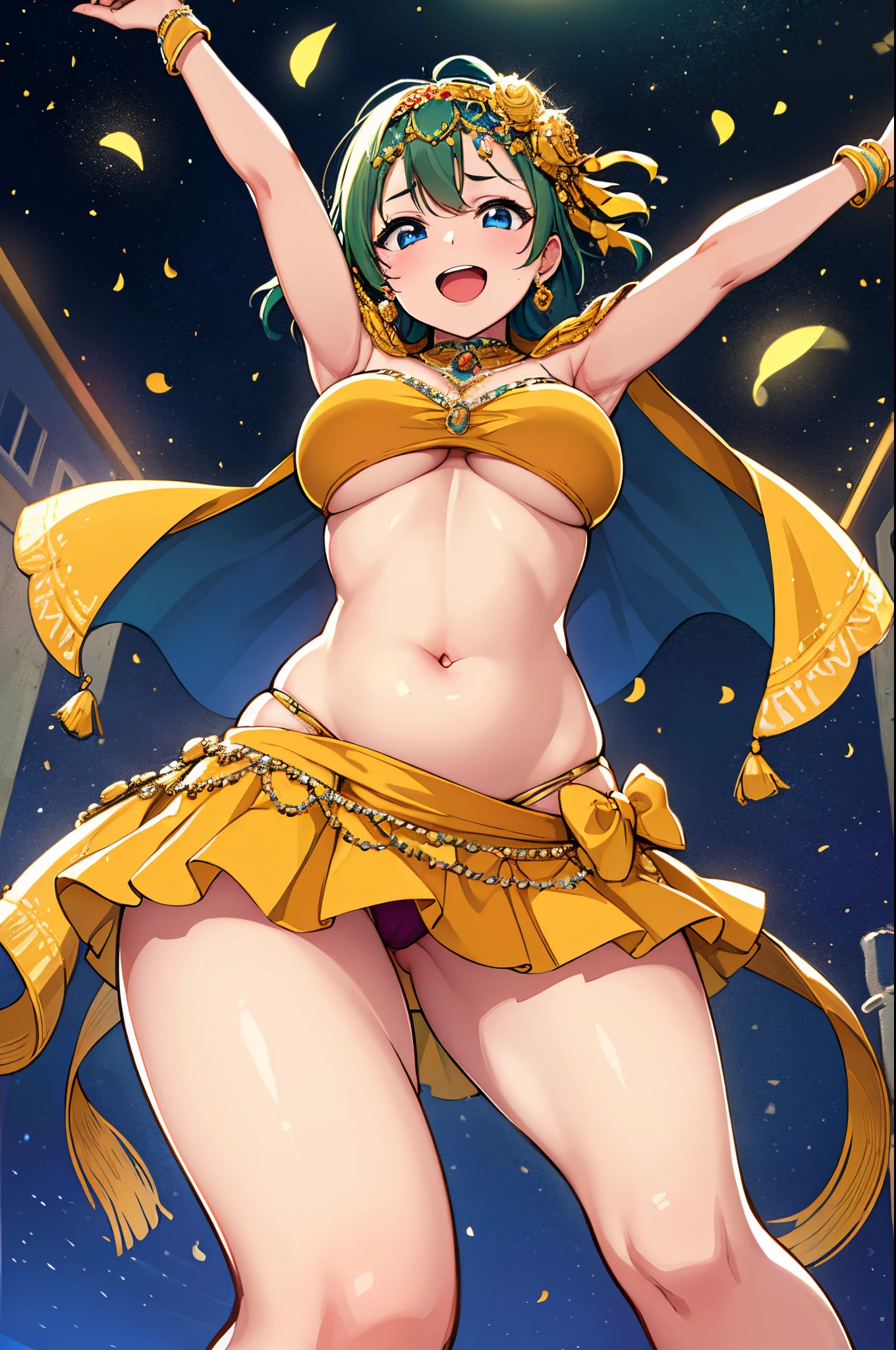 ((best quality)), ((masterpiece)), (detailed), bellydancer ,jewelry, dancing, arabian clothes, colorful clothes, turban/headband, kousaka honoka, curvy body, arms up,plump, thighs, exposed pussy, from below