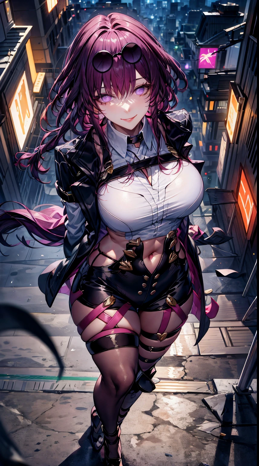 masterpiece, best quality, 1girl, KafkaV4, large breasts, shiny skin, purple hair, shirt, white shirt, jacket, eyewear on head, sunglasses, very long hair, standing, outdoors, night, light city, professional lighting, ((arms behind back)), lace-trimmed legwear, midriff, mature female, closed mouth, smile, ((from above:1.4)), looking at viewer,