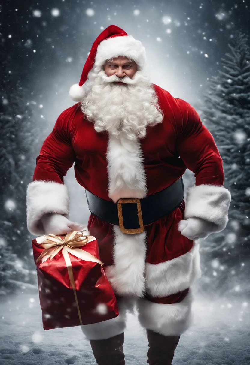 a dynamic action shot of a bodybuilder Santa Claus lifting a sack of presents, emphasizing his muscular physique and the effort it takes to deliver gifts to children around the world.