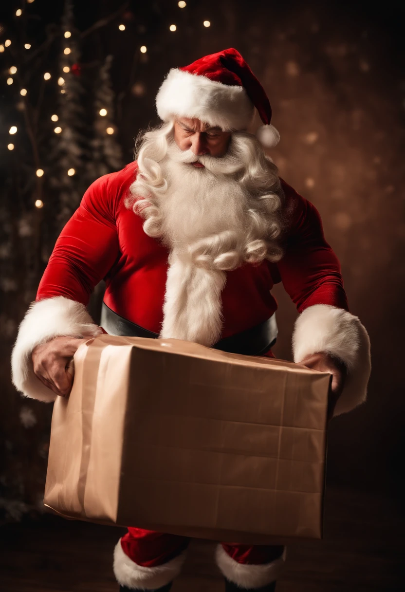 a dynamic action shot of a bodybuilder Santa Claus lifting a sack of presents, emphasizing his muscular physique and the effort it takes to deliver gifts to children around the world.