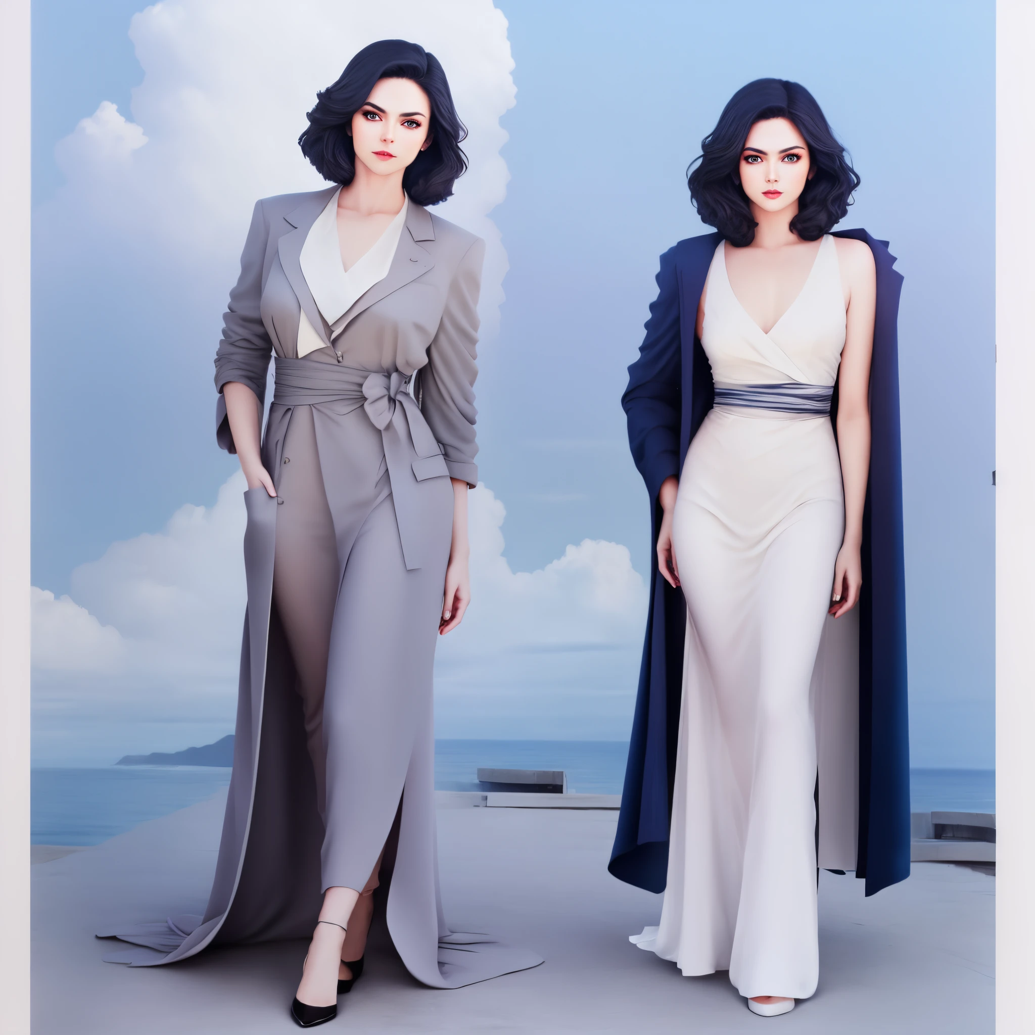 Full body ultra HD photography of slim beautiful woman ,de piel blanca y ojos color negro,con cabello lacio largo de color negro oscuro,y mostrando las manos,con un fondo azul con nubes ,estilo realistic vision