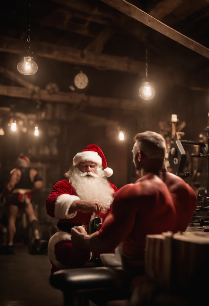 a candid shot of a bodybuilder Santa Claus working out in his workshop, combining the elements of fitness and Christmas in a unique and fun way