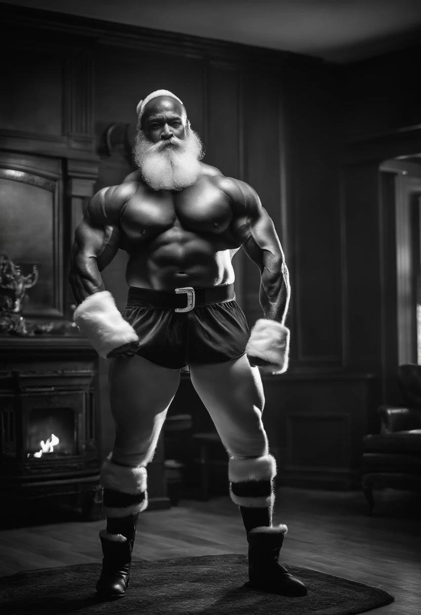a black and white image of a bodybuilder Santa Claus striking a powerful pose in front of a fireplace, adding a timeless and dramatic feel to the photo