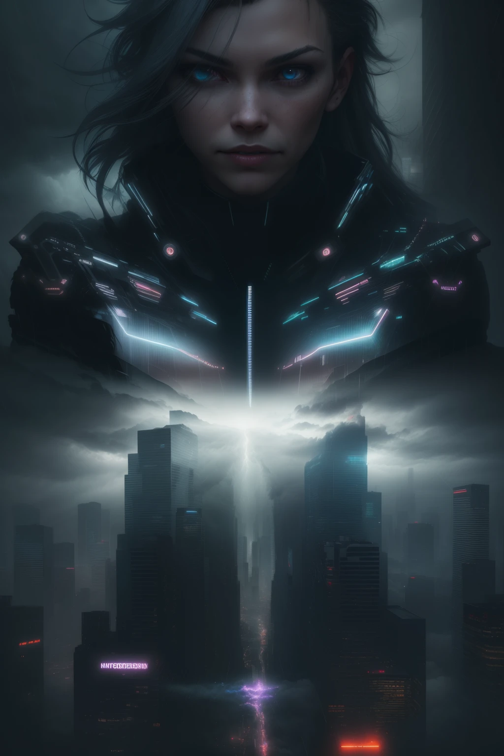 cyberpunk [foggy cityscape in the distance : very pretty girl, city:0.33] immersed in a giant flow of wind, living in a thunder cloud, behind the cloud, (double exposure:1.3), photo by Brandon Woelfelmist, surreal dream, gray atmosphere, rainy day, dynamic, lut, hdr