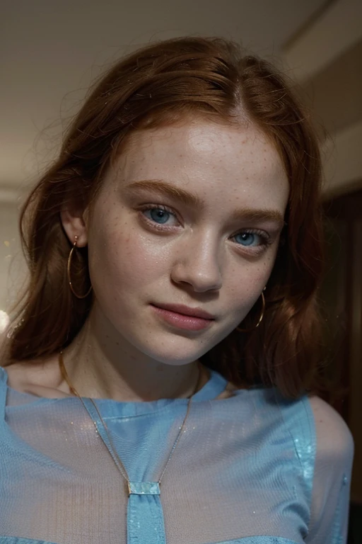 Make Sadie sink, wearing a light blue shirt, softly transparent shirt, earrings, bracelet and necklace, discreet, gold necklace (first person, Sadie Sink, very thin, showing her panties well marked, discreetly, on the side of the slit of the mini skirt ,seductive eyes, Very blue eyes, delicate and fragile body, ultra realistic, with wrinkles and expression lines, smiling, sexual tension, strangers thick, small breasts, she must be walking in the mall, with masterpiece quality in ultra-detail, 16k header)" - > "(first person:1.5, sadie Sink:1.5 , ultra-realistic:1.5, Wrinkles:1.5, expression lines: 1.5, very bright colored hair:2.0, red and shiny, master piece, Ultra- detail, 16k header)". no nude