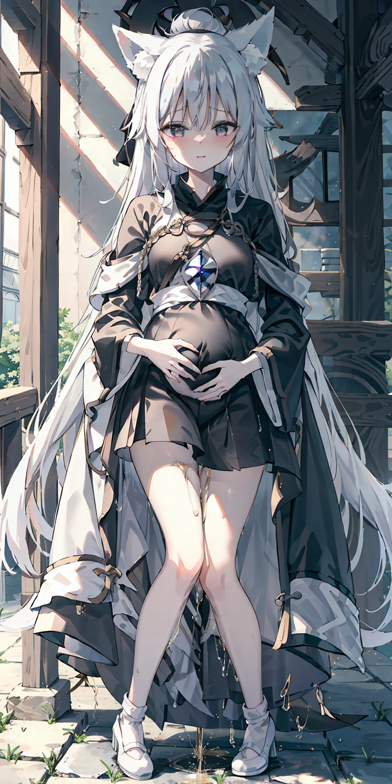 Elf, white ash hair, anime girl, white shirt, white long-skirt,  pale face, sweating, heavy breath, blushing, pregnant, Pregnant  belly, (best quality:1.2), ultra-detailed,realistic ,portraits, vivid colors, soft lighting, interesting PoV, (pee is white:0.7), spread kneel, Lie down  on sofa, (the girl is leaked pee: 1.3), stocking, straight hair