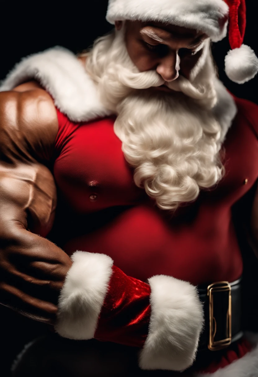 a close-up shot of a muscular arm adorned with a Santa Claus sleeve, showcasing the attention to detail and the festive spirit in bodybuilding
