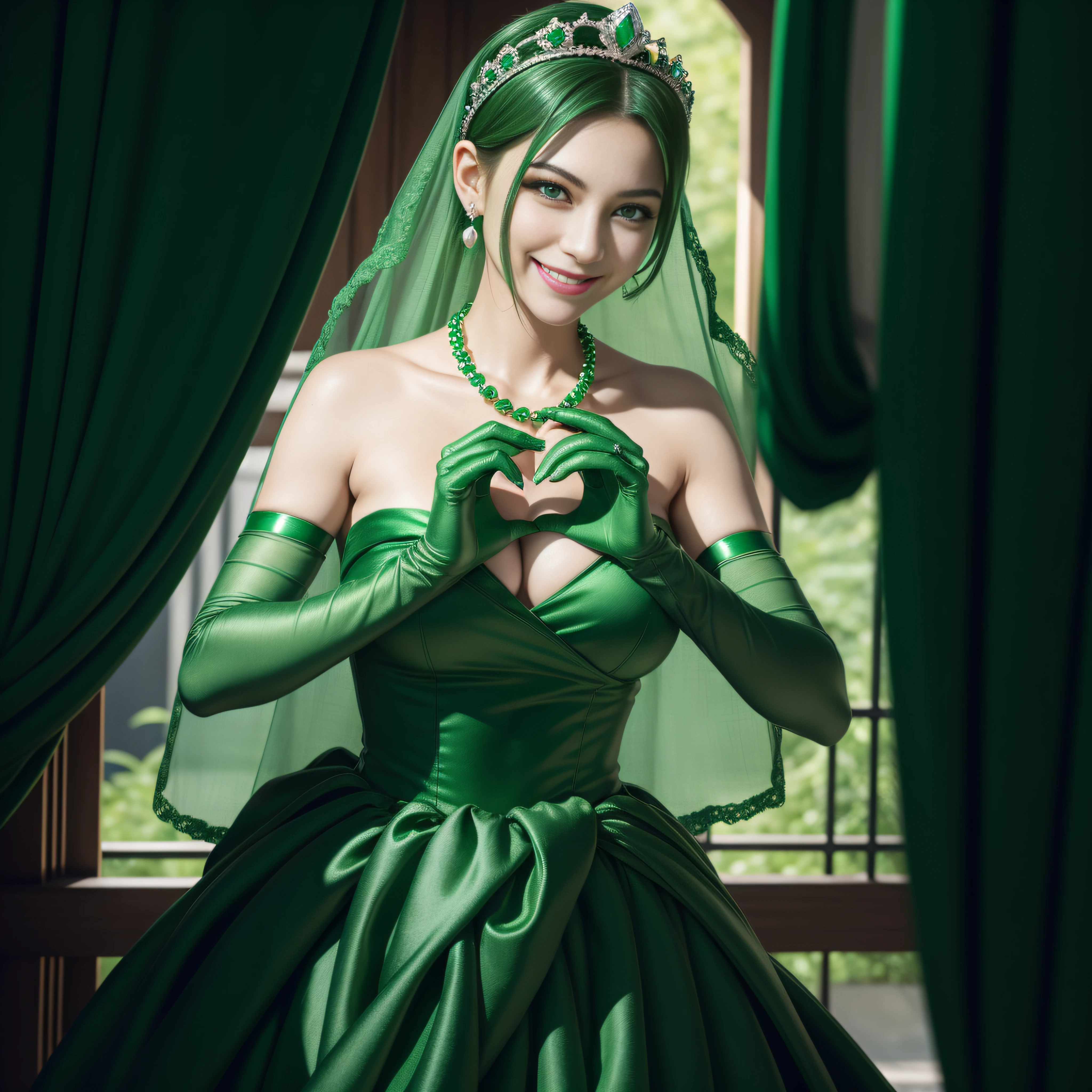 emerald tiara, Green Pearl Necklace, Boyish very short green hair, lipsticks, Japan woman smiling, very short short hair,  big breasts beautiful, Green eyes, Long green gloves made of satin material, Green eyes, Emerald Earrings, green vale, Heart with both hands, Green earrings