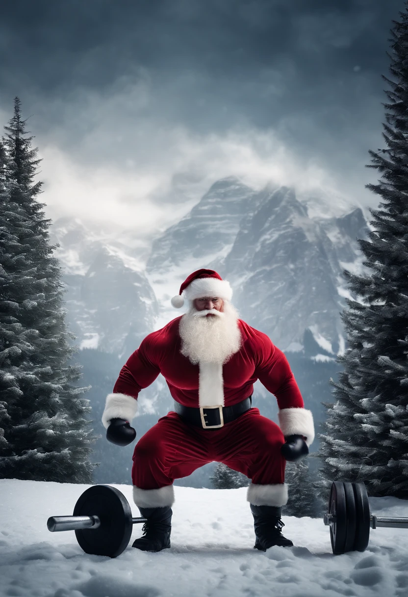 an image of a bodybuilder Santa Claus lifting weights with a background of snow-covered mountains, combining the elements of fitness and the winter season