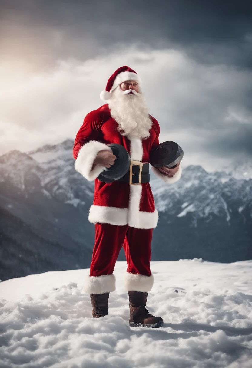 an image of a bodybuilder Santa Claus lifting weights with a background of snow-covered mountains, combining the elements of fitness and the winter season