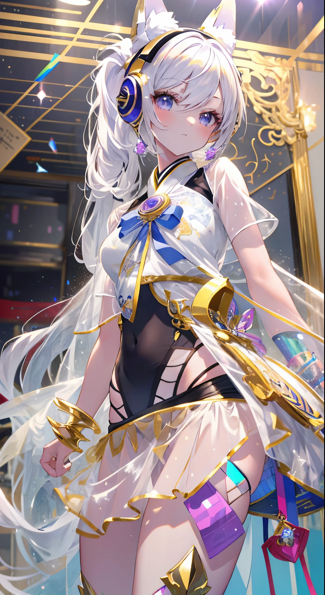 ((Masterpiece)), best quality, absurderes, ultra detailed, holographic, cowboy shot, dynamic pose, golden ratio, super cute girl, mature girl, extremely beautiful, super beautiful asian girl with super beautiful violet eyes, super beautiful white hair, shiny skin, high ponytail, nice and sexy body, slim and delicate body, perfect body, wearing a super tight printed white crop top, kawaii panties, fox headset, being photographed in a kawaii alien spaceship