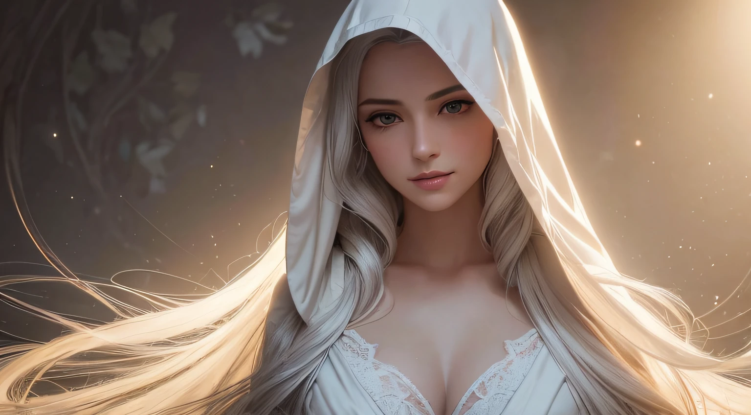 full body photoshoot of a blonde woman wearing a white hooded silk cape, The woman is portrayed in a meadow, sun light hits her face, her features bathed in a soft, diffused glow that accentuates the delicate nuances of her expression. The artist, drawing from Sargent's precision, captures every subtle contour of her face, pear jewelry, the intricacies of her gaze, and the cascading strands of her flowy white hair, In this mysterious ambiance, the artist employs da Vinci's mastery of shadow and light, creating an alluring interplay that accentuates the enigmatic aura surrounding the woman, Shadows dance across her features, enhancing the depth of her gaze and adding a touch of secrecy to the composition Test, highly realistic, ruddy skin, beautiful, full lips, a minuscule amount of clothing, smiling, feeling of lightness and joy, hyperrealism, skin very elaborated, direct gaze, by alex1shved