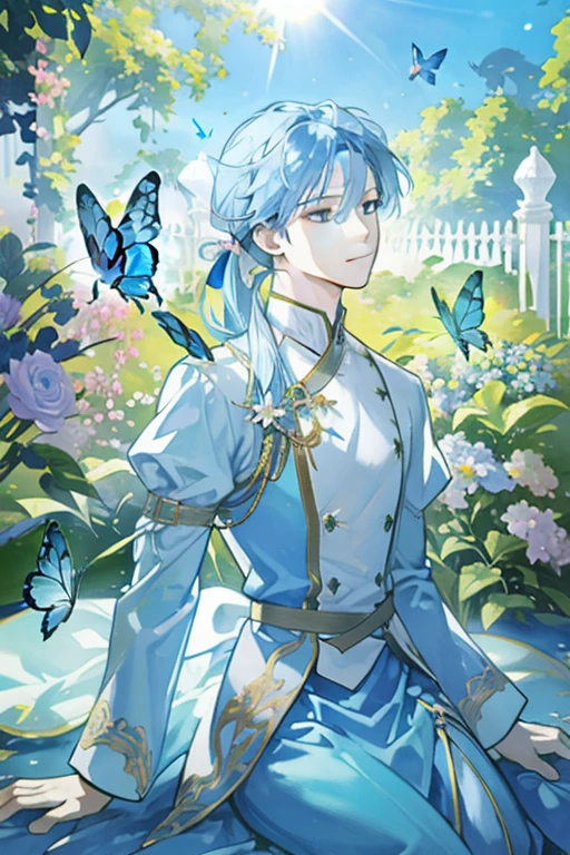 masterpiece, best quality, 1 male, adult, mature, light blue hair in low ponytail, fancy clothing, garden background, peaceful, butterflies, looking away, shining sun