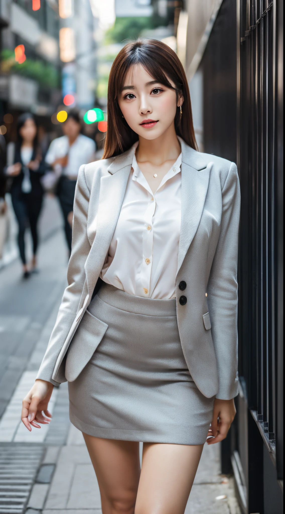 Woman in a suit standing on the sidewalk,((25-year-old woman))、small Breasts、Dark brown hair color、Hairstyle with bangs、Various hairstyles、Hairstyles of different lengths、(8k, RAW Photos, highest quality, Tabletop: 1.2),、(Realistic, Realistic: 1.3), Cityscape, Day, Sunny Morning, Professional Lighting, Photon Mapping, shirt, (Woman in a suit,) Silk Suit、Pencil Skirt、Tight Skirt、((Delicate photo))，(Detailed RAW Photos of Girls), (Tabletop:1.25), (highest quality:1.6), (超A high resolution:1.5), (Realistic:1.75), 8k resolution, Caphin EOS R5, 50mm, absurdes, Ultra-detailed,Cinema Lighting, (Skirt Lift:1.5)、nsfw、the wind is strong、smile、Skirt flipped up, ((phi_panties)), beautiful pussy,