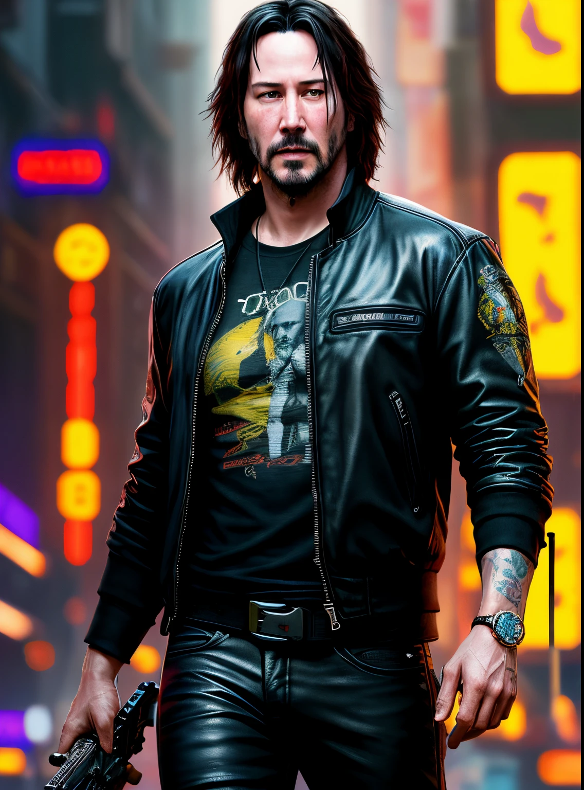 a painting of a Keanu Reeves, background, style of cyberpunk 2077, band of gold round his breasts