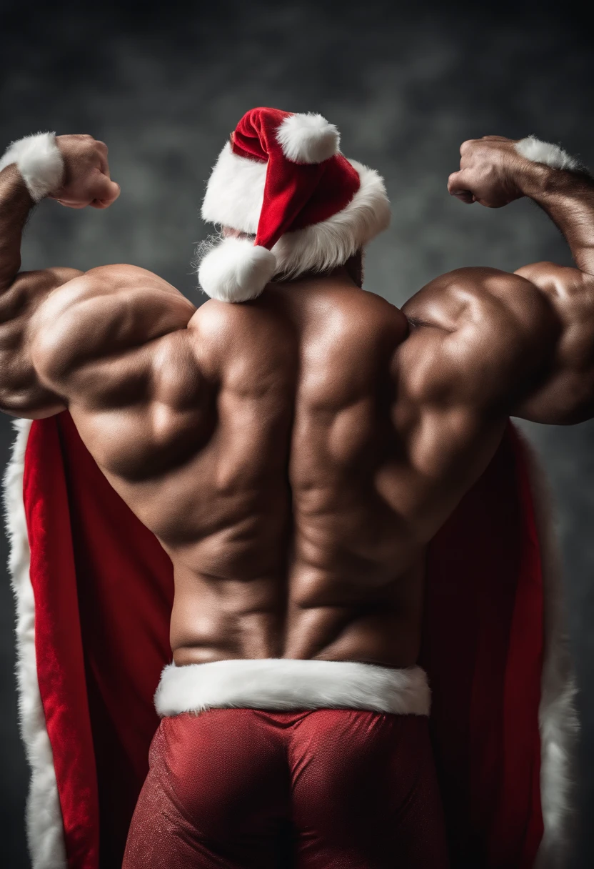 a detail shot of a bodybuilder Santa Claus flexing his back muscles, highlighting the intricacy and definition of his physique