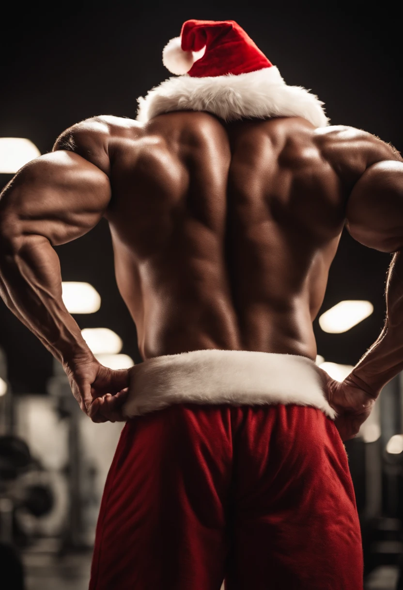 a detail shot of a bodybuilder Santa Claus flexing his back muscles, highlighting the intricacy and definition of his physique