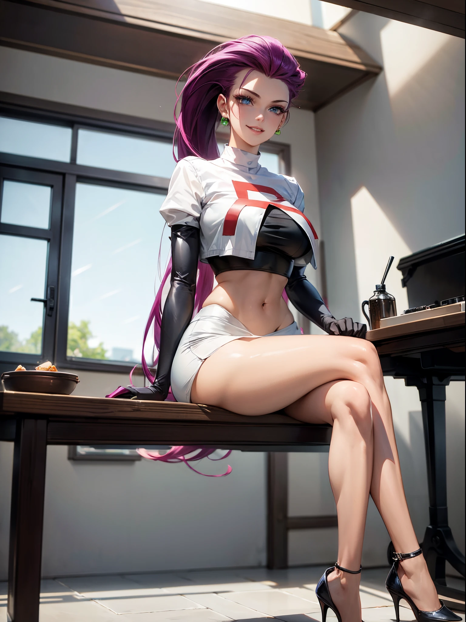 1 girl, (medium breasts))), (((wearing thong panties and a transparent bra showing her nipples))), (long pink hair), (((blue eyes))), thin arms, (in school), (thin waist), (((muscular legs))), muscular belly, wearing pink high heel shoes, (((sitting on the chair sensually with her legs crossed))), (full body photo), (twintails), long eyes, eye flare, bad mood, anime, anime style, ray tracing, glow, drop shadow, panorama, Sony FE, 8k, UDisk, masterpiece, accurate, anatomically correct, Super detail, best quality , ultra high resolution, Hard Udisk, 16