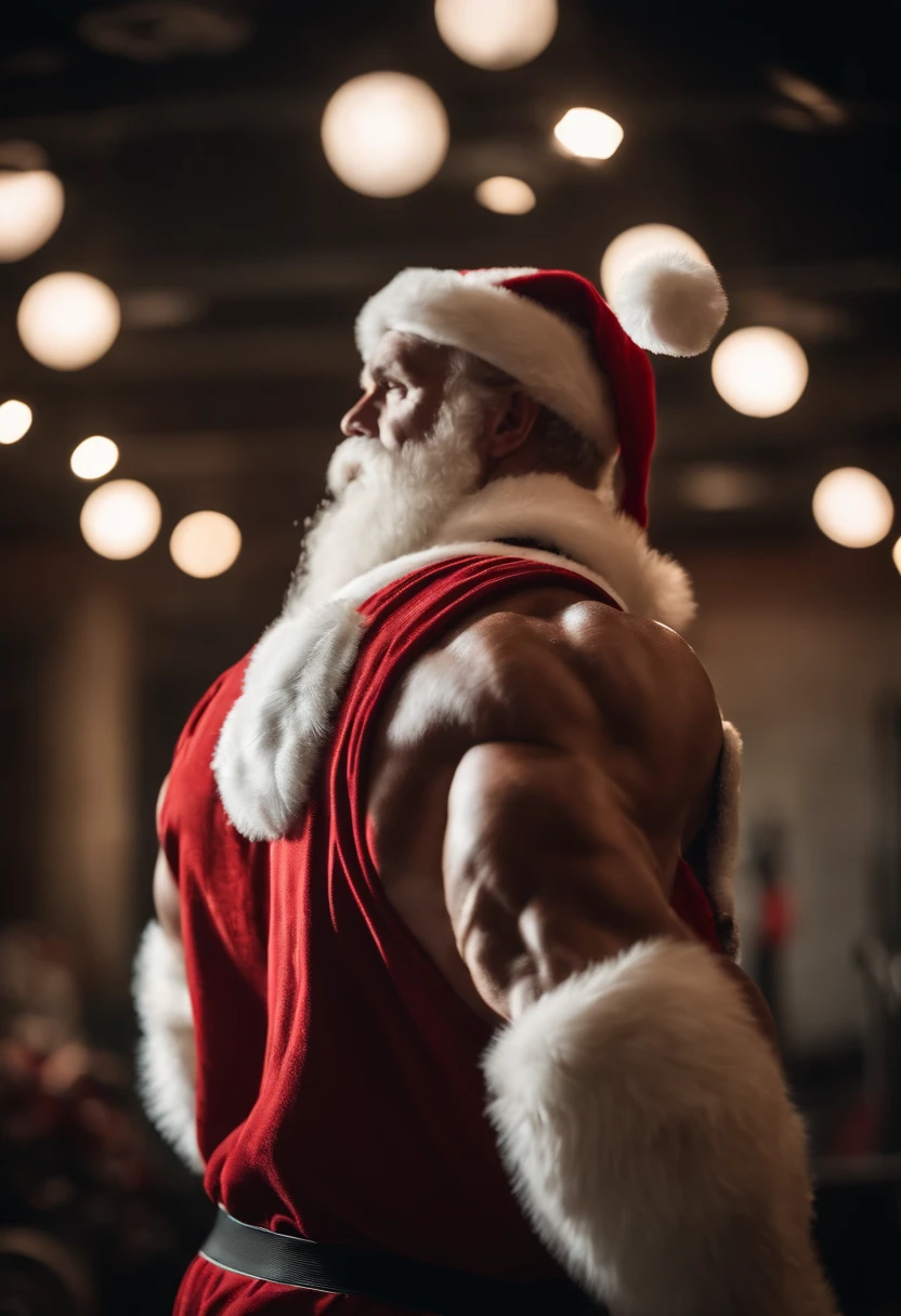 a detail shot of a bodybuilder Santa Claus flexing his back muscles, highlighting the intricacy and definition of his physique