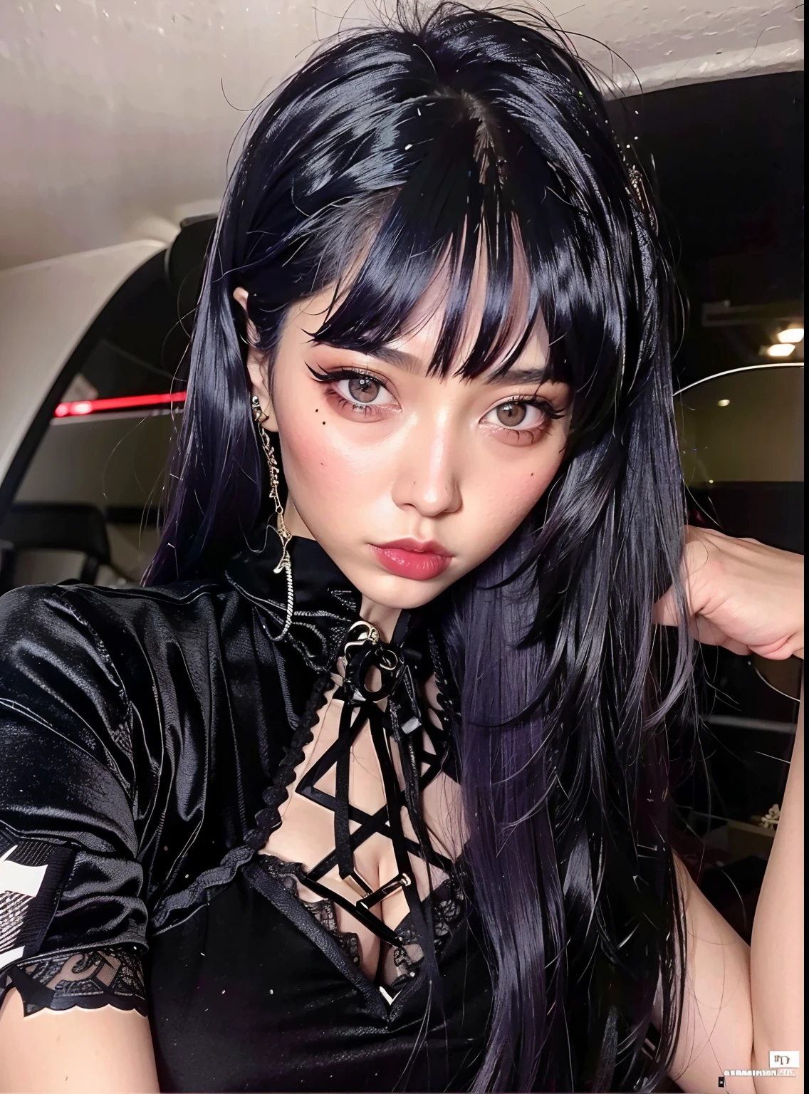 um close up de uma mulher em um carro com cabelos longos, cruel korean goth girl, Ela tem cabelo preto com franja, Ulzzang, cabelo blackbangs cabelo, preto hime corte cabelo, com cabelos longos e olhos penetrantes, goth girl aesthetic, com franja completa, cabelo preto longo com franja, franja preta, com franja, cabelo comprido com franja completa