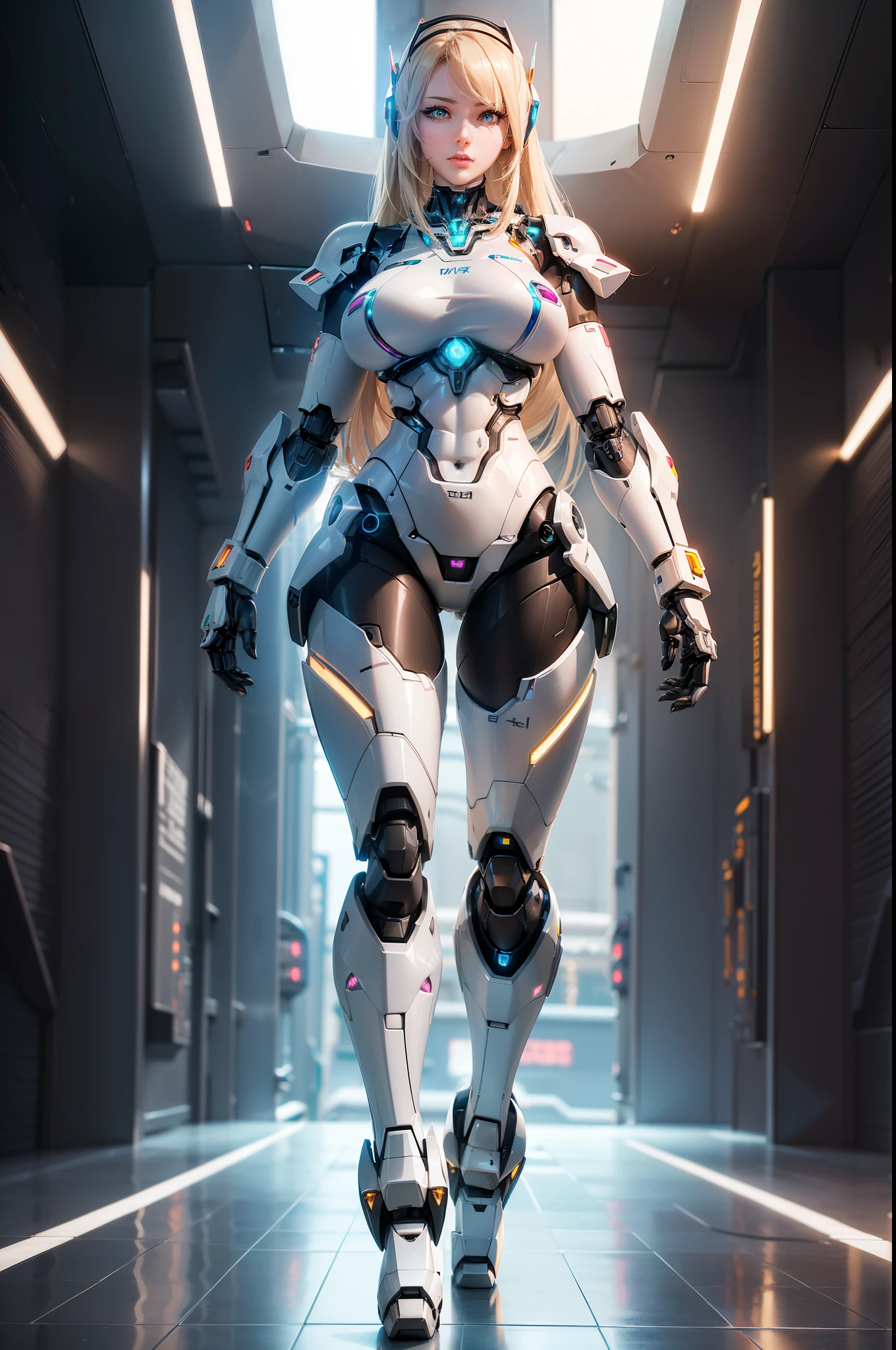 HUGE FAKE BOOBS, FRONT BANGS, (BEAUTY PURPLE, WHITE), SEXY MECHA ARMOR, (CROP TOP), (SKINTIGHT YOGA PANTS), FUTURISTIC MECHA SUIT, (CLEAVAGE), (TALL LEGS), (MECHANICAL BOOT:1.5), (LOOKING AT VIEWER), (STANDING), SEXY BODY, MUSCLE ABS, UHD, 8K, 1080P.