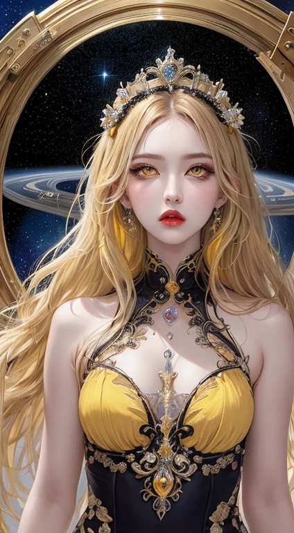 1 27-year-old girl, 1 zodiac goddess from the future, goddess of the pink and purple 12 zodiacs, the goddess of the zodiac in a yellow ao dai, a 12 zodiac ao dai with many black lace detail, mythology Goddess of the 12 zodiacs from the future, zodiac ♏, luxurious glittering zodiac style, dark and mysterious version, zodiac crown, lipstick lips red, thin and beautiful lips, mouth closed, characters made by karol bak and pino daeni, intricate detail, detailed background, extremely detailed, light magic, a woman, clear face, hair long with bangs, beautiful face in detail and well-proportioned eyes, (transparent yellow eyes: 1.8), big round eyes and very beautiful and detailed makeup, foresight, silk dress, mysterious makeup , double bangs and dyed light blonde , upper half portrait, zodiac goddess portrait, arms hanging loosely, Realistic and vivid photo, (stars make up the zodiac: 1.7), (sky background zodiac and fictitious space and time portal: 1.8), fiction art, RAW photo, hanfu picture, best photo, best photo quality, 8k quality, 8k ultra, super realistic, real photo most economical, the goddess poses sexy and seductive,