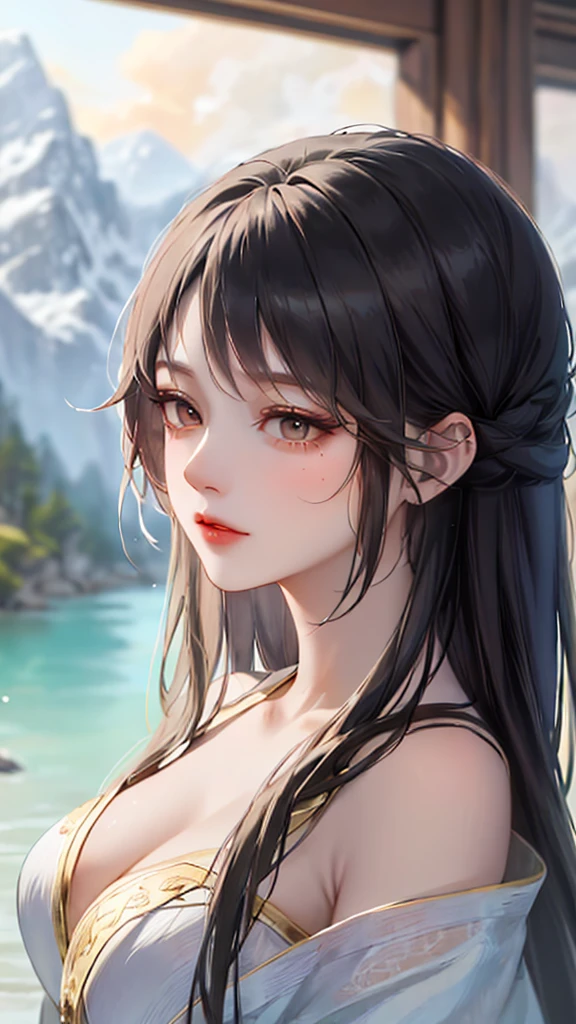 Yang Jie’s antique Wei Zi style masterpiece,Close-up of a woman with black hair,Exquisite epic character art,Presenting stunning aesthetics and antique atmosphere,The delicate brushstrokes and depth of field in the picture make you immersed in the scene,Fan Qiwu quasi-world can be regarded as the beauty of mountains and rivers。